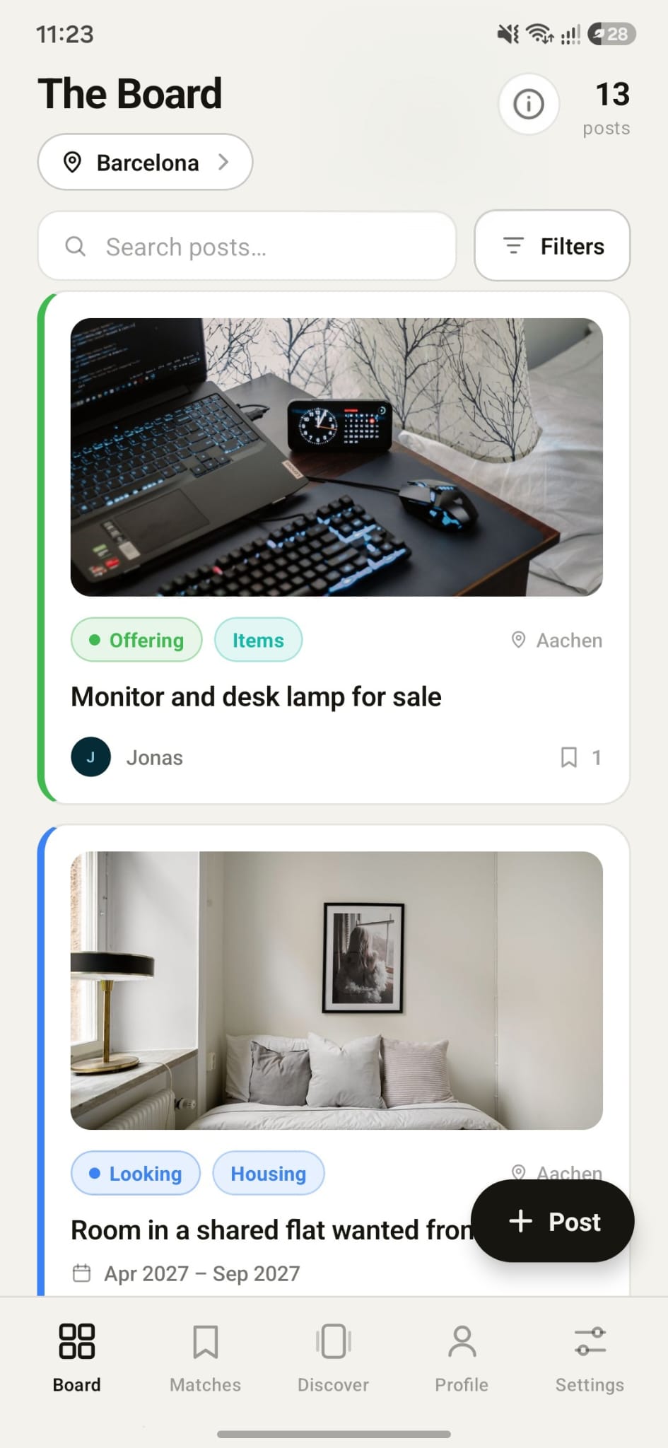 Erasmus Friends community Board for Barcelona: student posts such as 'Monitor and desk lamp for sale' (Offering · Items) and 'Room in a shared flat wanted' (Looking · Housing), each tagged by type and city, with a Post button.