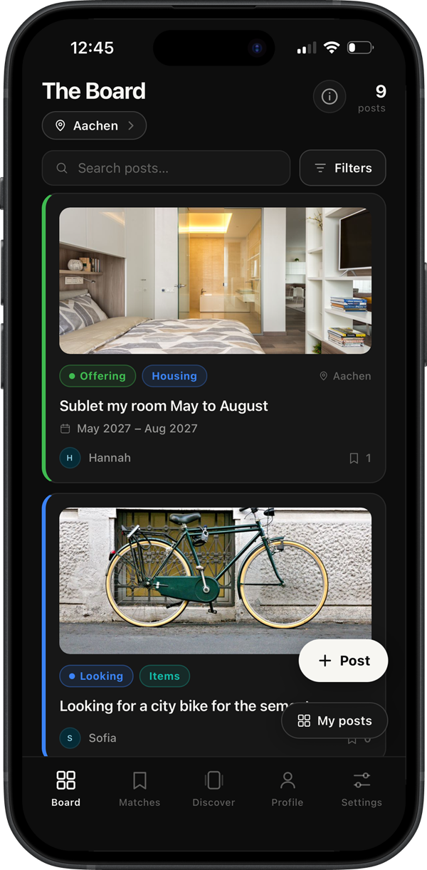 Erasmus Friends community Board for Aachen: student posts such as 'Sublet my room May to August' (Offering · Housing) and 'Looking for a city bike' (Looking · Items), with a Post button.