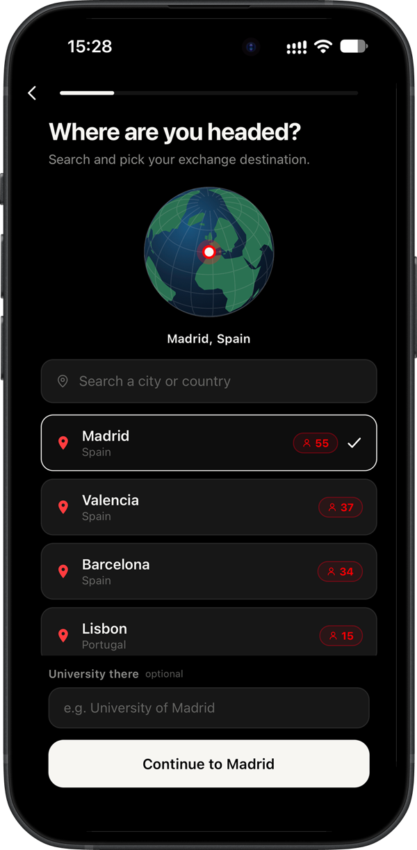 Erasmus Friends onboarding screen 'Where are you headed?': a globe and a searchable list of exchange destinations (Madrid, Valencia, Barcelona, Lisbon) showing how many students are heading to each.