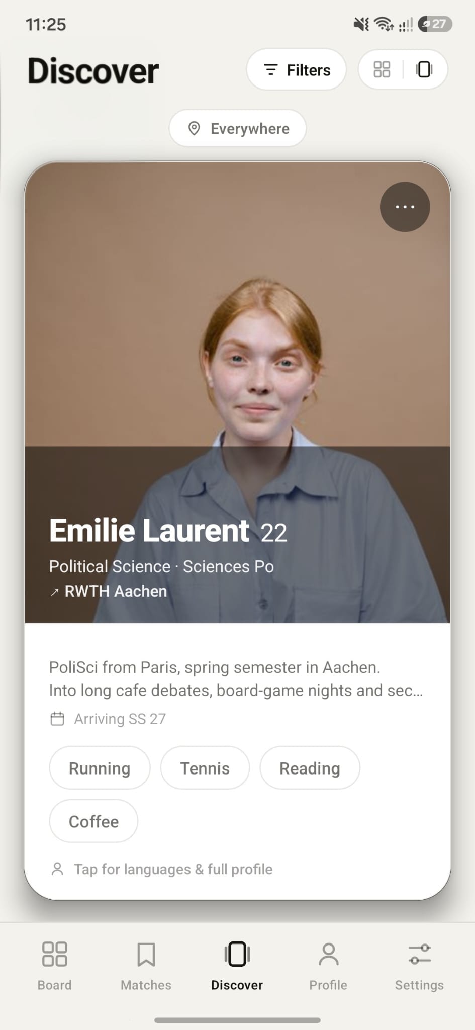 Erasmus Friends Discover screen: a swipe card for Emilie Laurent, 22, a Political Science student from Sciences Po heading to RWTH Aachen, with shared interests (Running, Tennis, Reading, Coffee) and a bottom tab bar (Board, Matches, Discover, Profile, Settings).