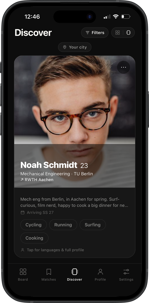 Erasmus Friends Discover screen: a profile card for Noah Schmidt, 23, a Mechanical Engineering student from TU Berlin heading to RWTH Aachen, with his interests (Cycling, Running, Surfing, Cooking).