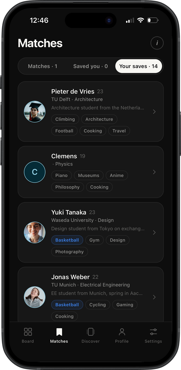 Erasmus Friends Matches screen with tabs for Matches, Saved you and Your saves, listing saved students with their university, course and interests.